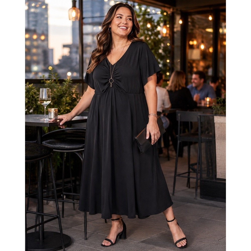 Torrid Black Ruched V-Neck Midi Dress Short Sleeve Plus Size 2 2X Dark Academia